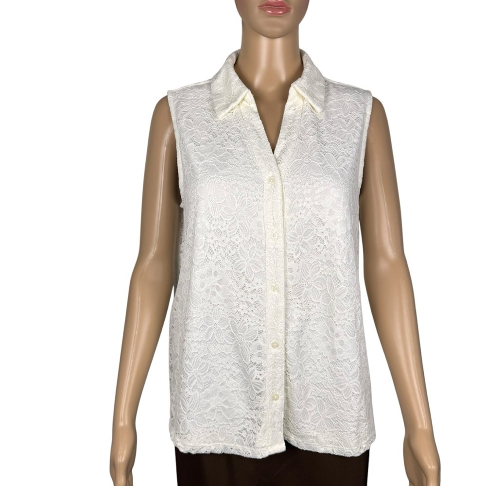NWT New $79 Adrianna Papell Lace Sleeveless Collar Ivory Blouse Size L